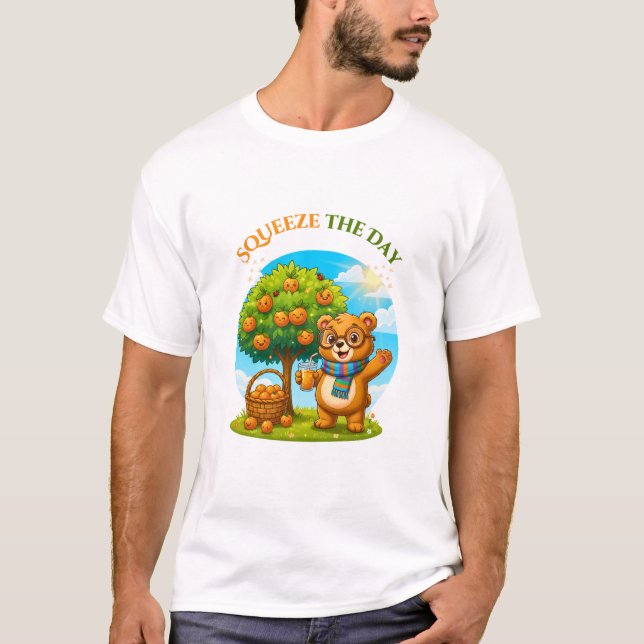 T-shirt Cute Bear & Orange Tree - Squeeze The Day Illustra (Devant)