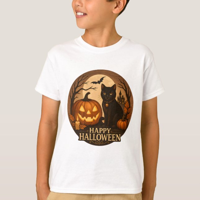 T-shirt Cute Black Cat and Pumpkin | Happy Halloween Art (Devant)