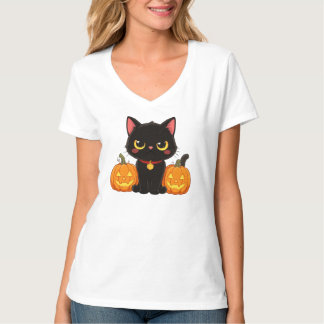 T-shirt Cute Black Cat and Pumpkins Halloween