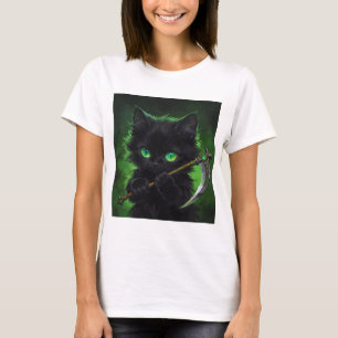 T-shirt Cute Black Cat Grim Reaper Green Eyes Halloween