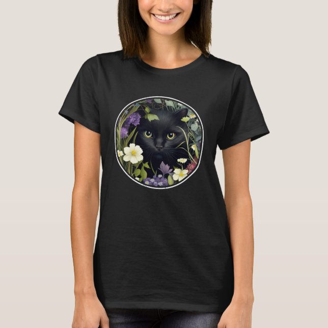 T-shirt Cute Black Cat Hiding in Spring Flowers Aesthetic  (Devant)
