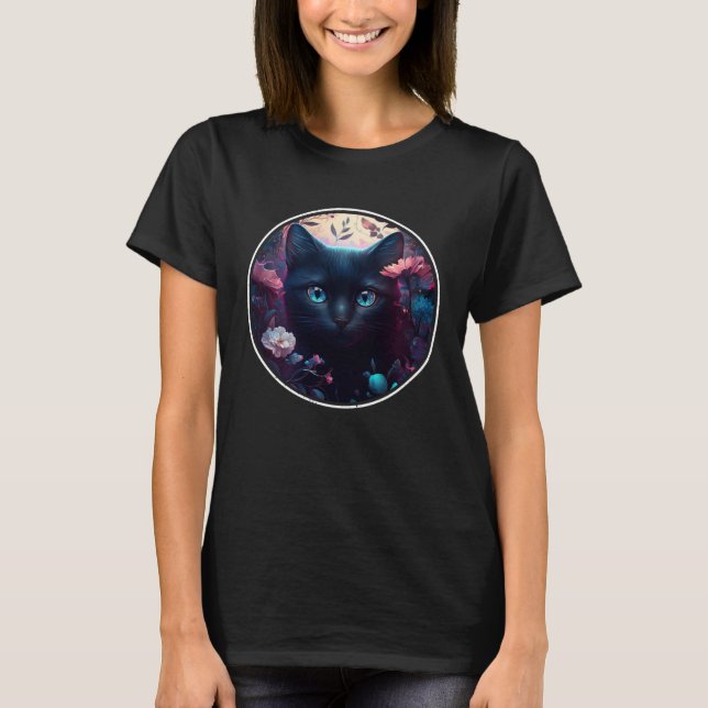 T-shirt Cute Black Cat Hiding in Spring Flowers Aesthetic  (Devant)