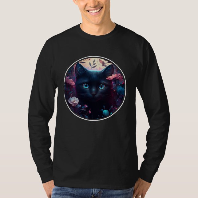 T-shirt Cute Black Cat Hiding in Spring Flowers Aesthetic  (Devant)