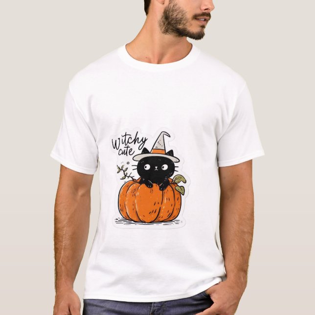 T-shirt Cute black cat in pumpkin with witch hat Classic T (Devant)