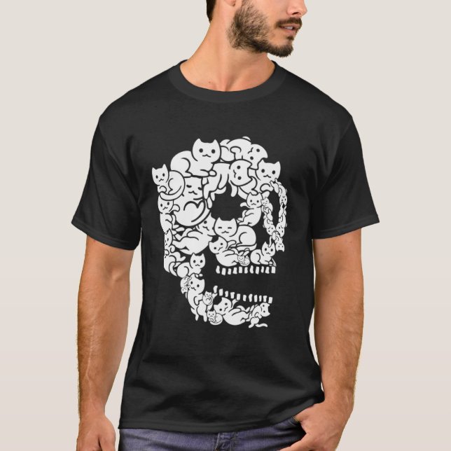 T-shirt Cute Black Cat Skull Kitty Skeleton Scary Hallowee (Devant)