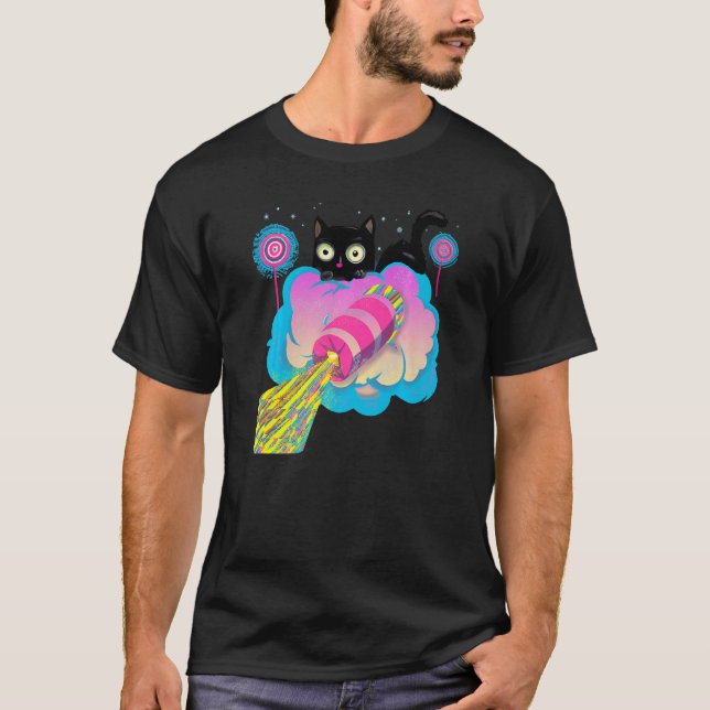 T-shirt Cute Black Cat Space Rocket (Devant)