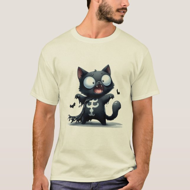T-shirt Cute Black Cat Vampire Bat Halloween Sticker ✨🐾🧛 (Devant)