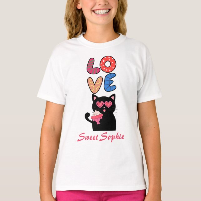 T-shirt Cute Black Cat with Heart Sunglasses & Cupcake  (Devant)