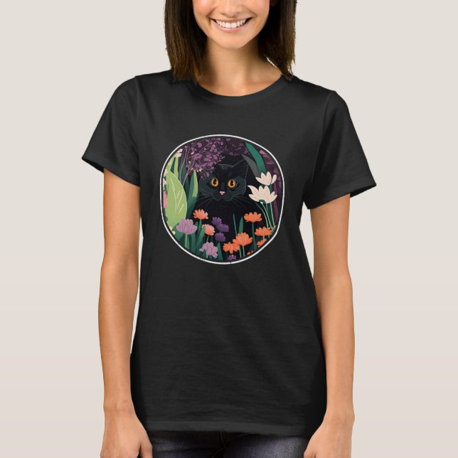 T-shirt Cute Black Chat Cachage dans les fleurs de printem (Devant)