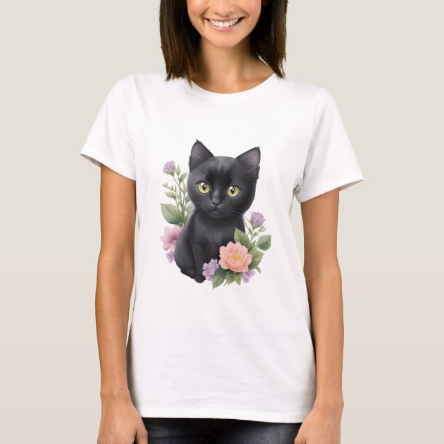 T-shirt Cute Black Chat Floral Whimsical (Devant)
