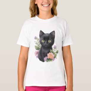 T-shirt Cute Black Chat Floral Whimsical