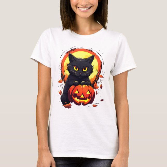 T-shirt Cute Black Chat Pleine lune Citrouille Moderne Hal (Devant)