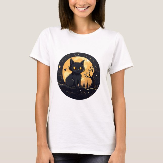 T-shirt Cute Black Chat Pleine lune Halloween moderne (Devant)