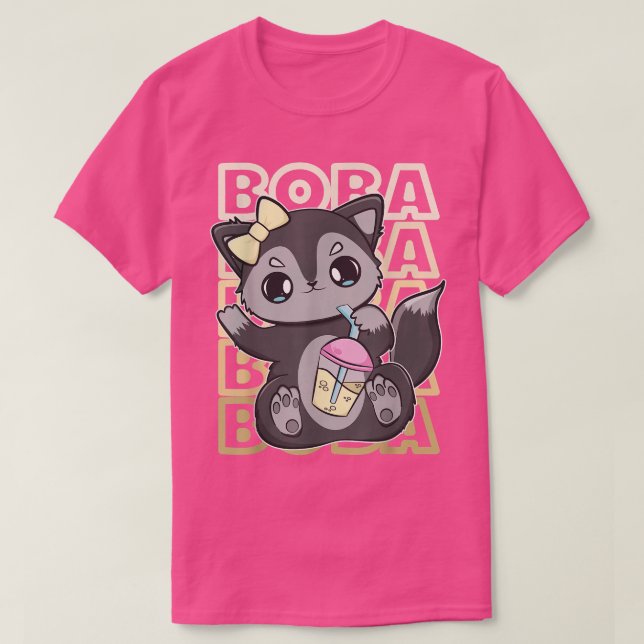 T-shirt Cute Black Fox Bubble Thé Lait Avec Boba (Design devant)