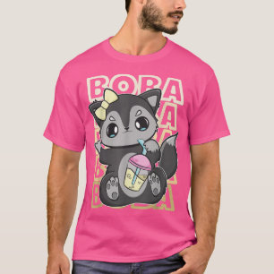 T-shirt Cute Black Fox Bubble Thé Lait Avec Boba