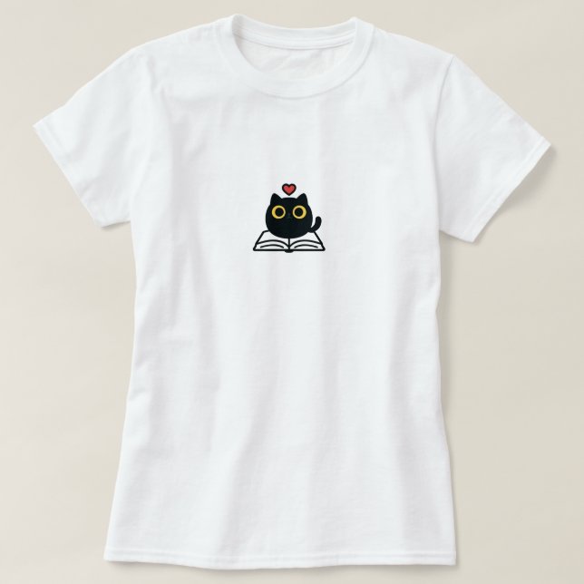 T-shirt Cute Black Kawaii Cat Reading Book Cartoon (Design devant)