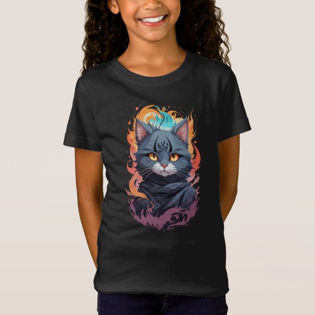 T-Shirt Cute Black Ninja Chat Warrior Design (Devant)