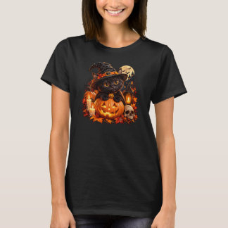 T-shirt Cute Black Witch Cat on Pumpkin
