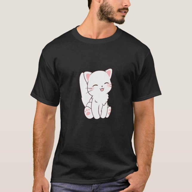 T-shirt Cute Blanc Chat Chibi Tongue Sticking Out (Devant)