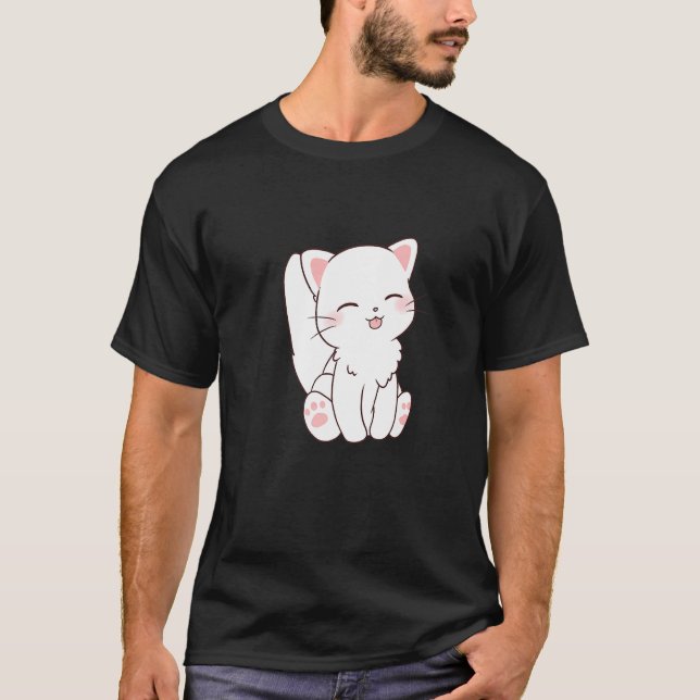 T-shirt Cute Blanc Chat Chibi Tongue Sticking Out (Devant)