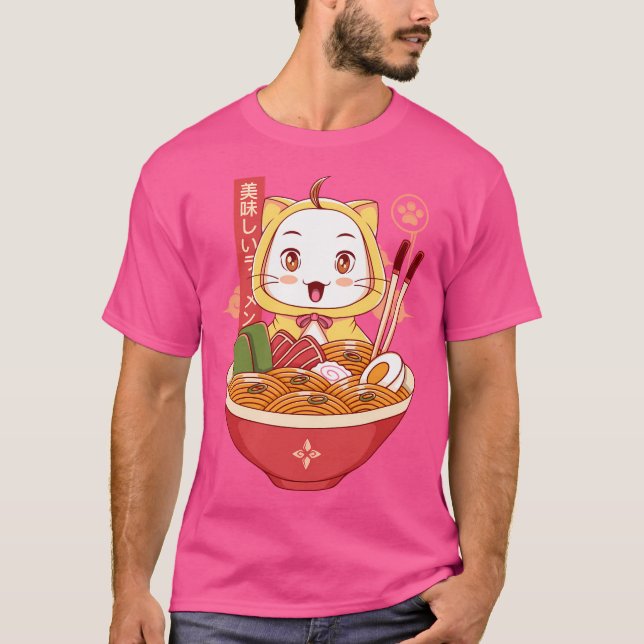 T-shirt Cute blanc chat Ramen (Devant)