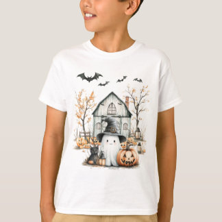 T-shirt Cute blanc et orange Fantôme avec grange d'automne
