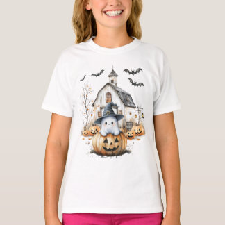 T-shirt Cute blanc et orange Fantôme avec grange d'automne