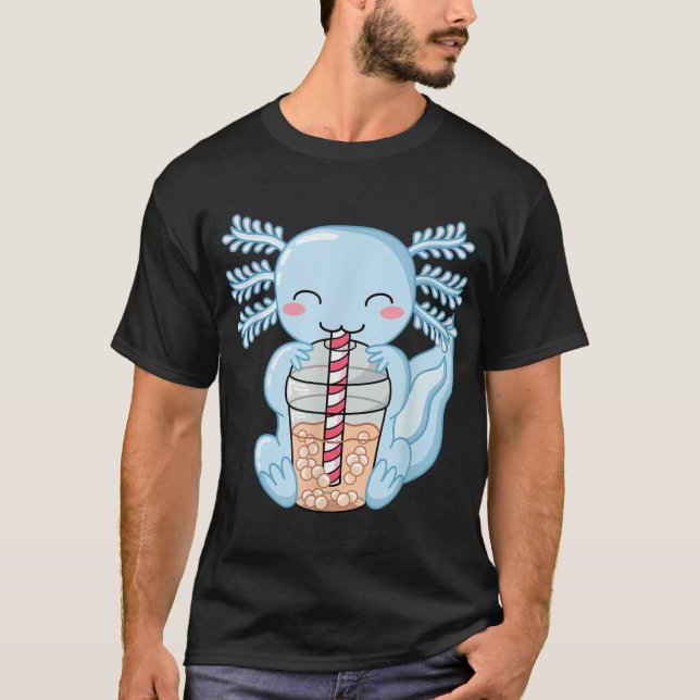 T-shirt Cute Blue Axolotl Bubble Tea Kawaii Anime Aestheti (Devant)