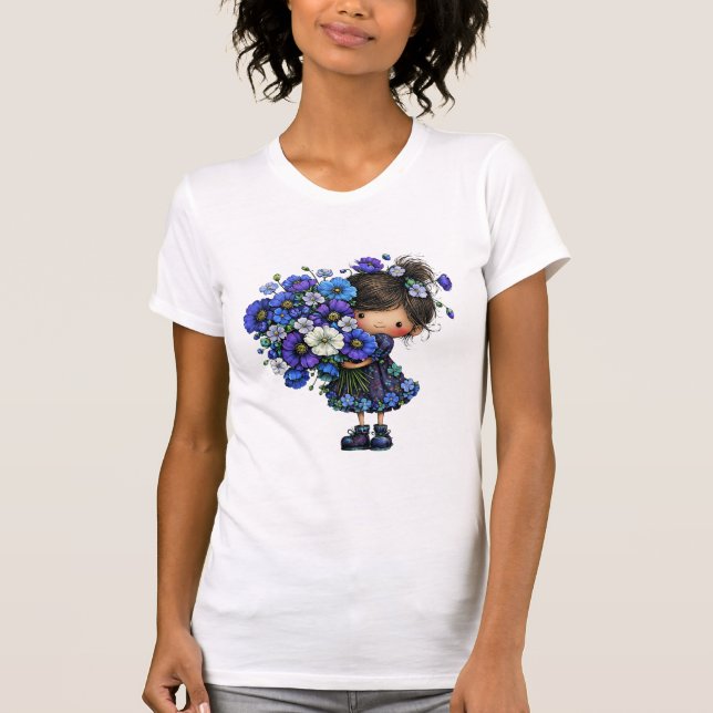 T-shirt Cute Blue Floral Girl Bouquet Art Design (Devant)