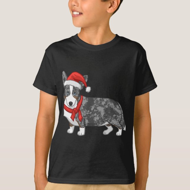 T-shirt Cute Blue Merle Cardigan Corgi Santa Hat (Devant)
