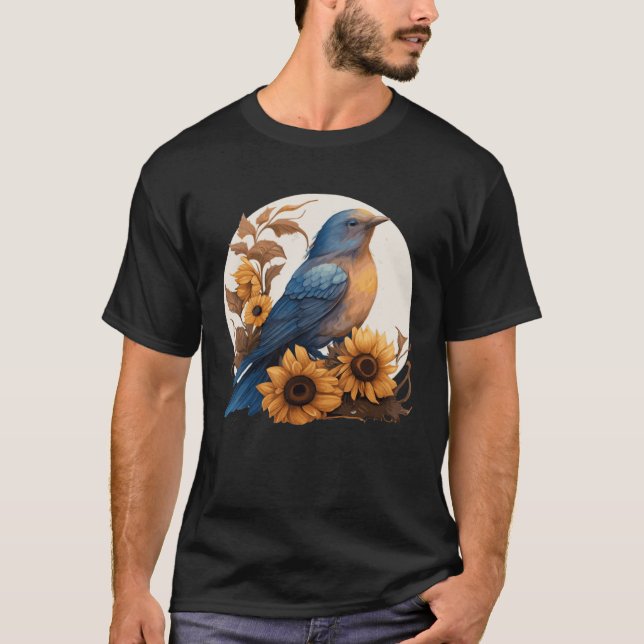 T-shirt Cute Bluebird Sunflower Floral Watercolor Bluebird (Devant)