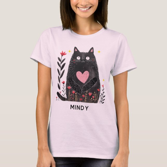 T-shirt Cute Boho Floral Aquarelle Noir Chat Personnalisé (Devant)