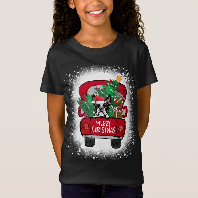 T-Shirt Cute Boston Terrier Camion Rouge Joyeux Noël Blea (Devant)