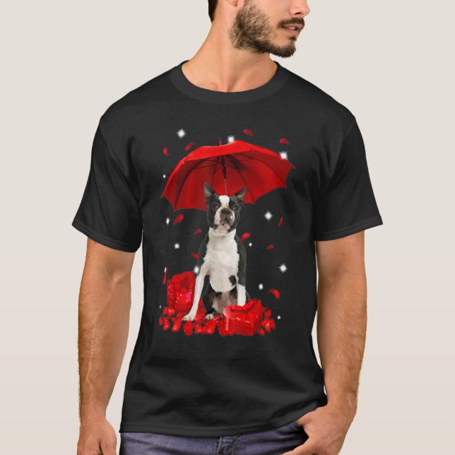 T-shirt Cute Boston Terrier Valentine Coeurs Umbrella Love (Devant)