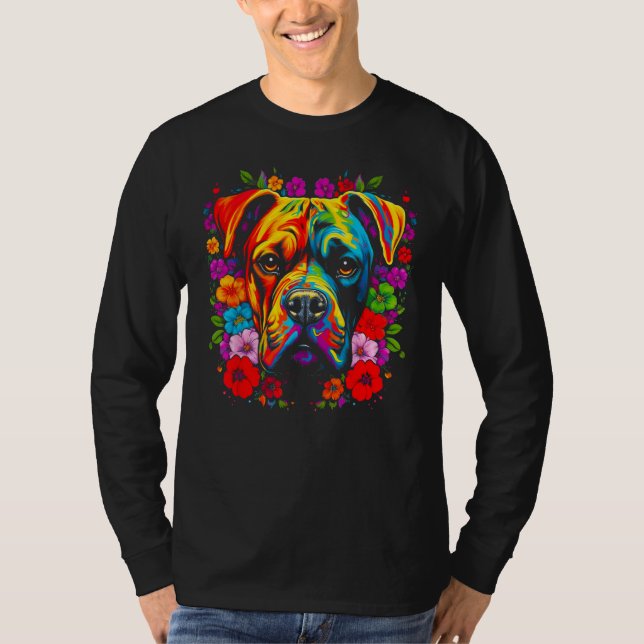 T-shirt Cute Boxer Dog Flowers (Devant)