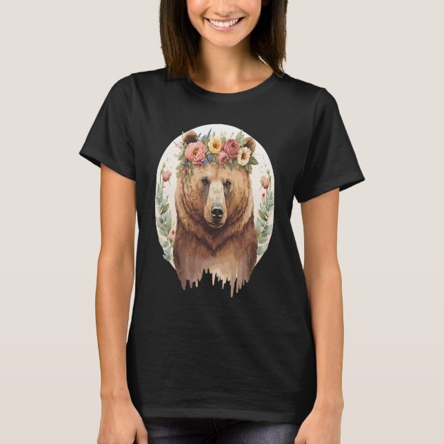 T-shirt Cute Brown Bear Grizzly Flower Crown Animal (Devant)