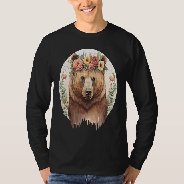 T-shirt Cute Brown Bear Grizzly Flower Crown Animal (Devant)