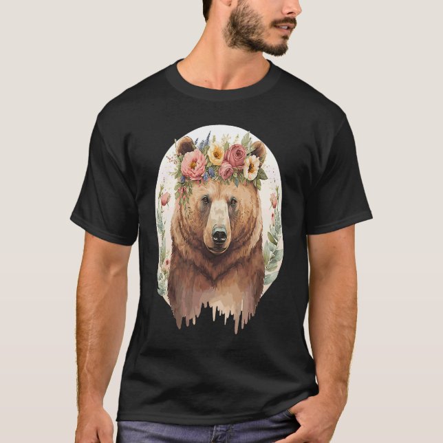 T-shirt Cute Brown Bear Grizzly Flower Crown Animal (Devant)
