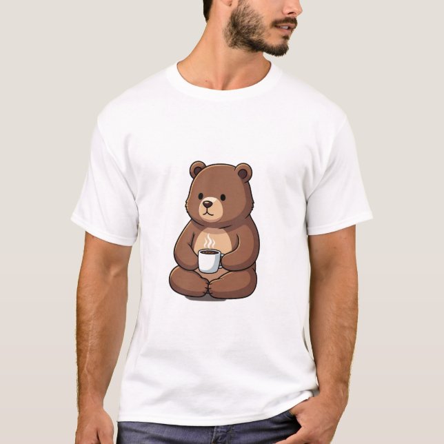 T-shirt Cute Brown Bear Sitting with a Steaming Coffee Mug (Devant)
