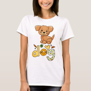T-shirt Cute Brown Chien Flower Coeur blanc