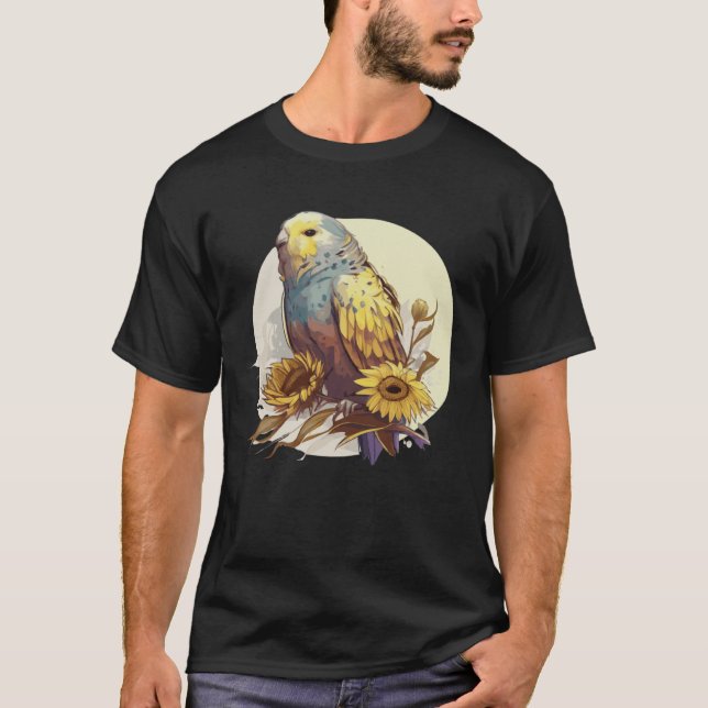 T-shirt Cute Budgie Parakeet Sunflower Watercolor Bird (Devant)