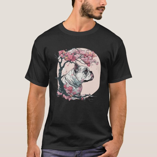 T-shirt Cute Bulldog Cherry Blossom Dog Breed Japanese Wat (Devant)
