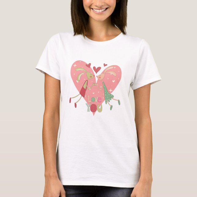 T-shirt Cute Bunny Couple Love Illustration (Devant)