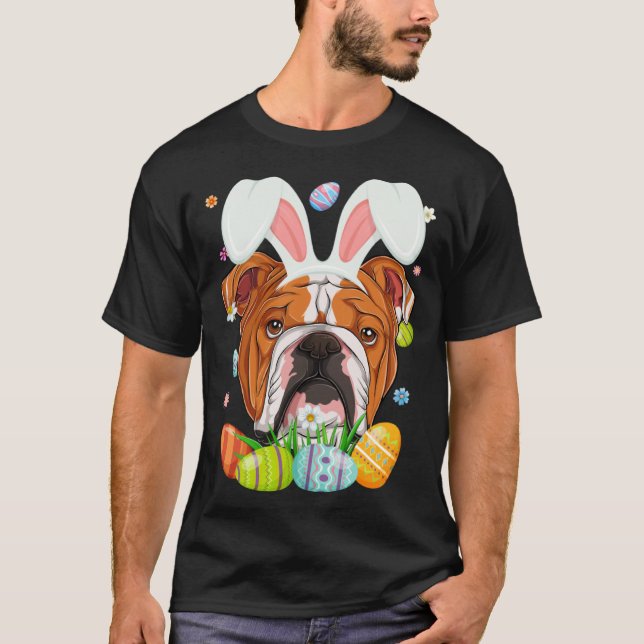 T-shirt Cute Bunny English Bulldog Dog Head & Easter Egg E (Devant)