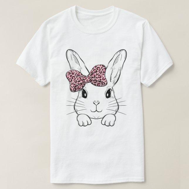 T-shirt Cute Bunny Face Leopard Bow Cravate Pâques Filles  (Design devant)
