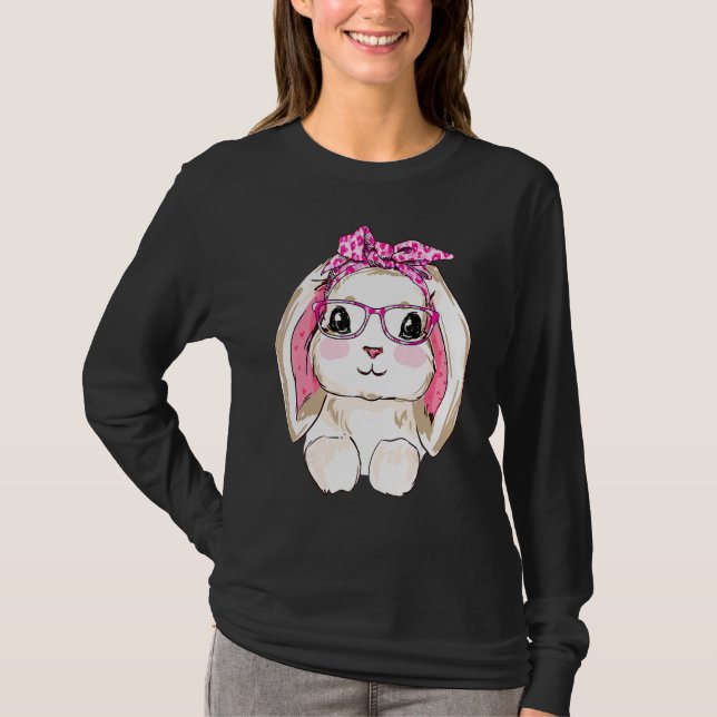 T-shirt Cute Bunny Face Leopard lunettes Headband Happy Ea (Devant)
