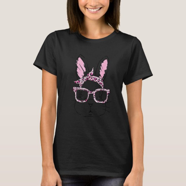 T-shirt Cute Bunny Face Leopard lunettes Headband Happy Ea (Devant)