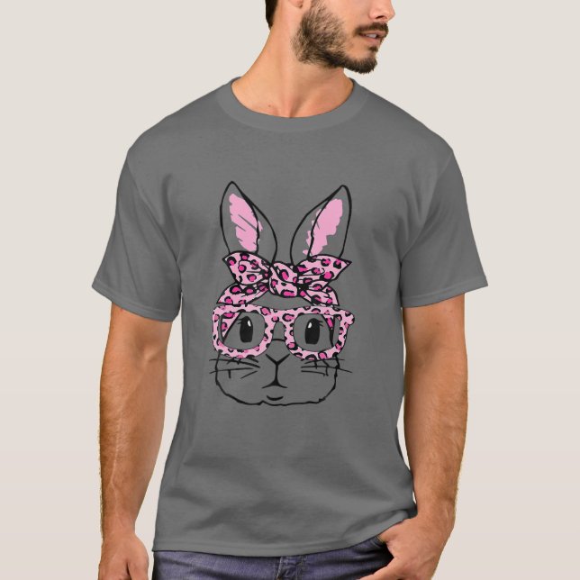 T-shirt Cute Bunny Face Pink Leopard Glasses Happy Easter (Devant)