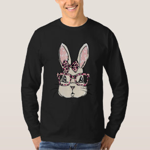 T-shirt Cute Bunny Face Pink Leopard lunettes Bow Cravate
