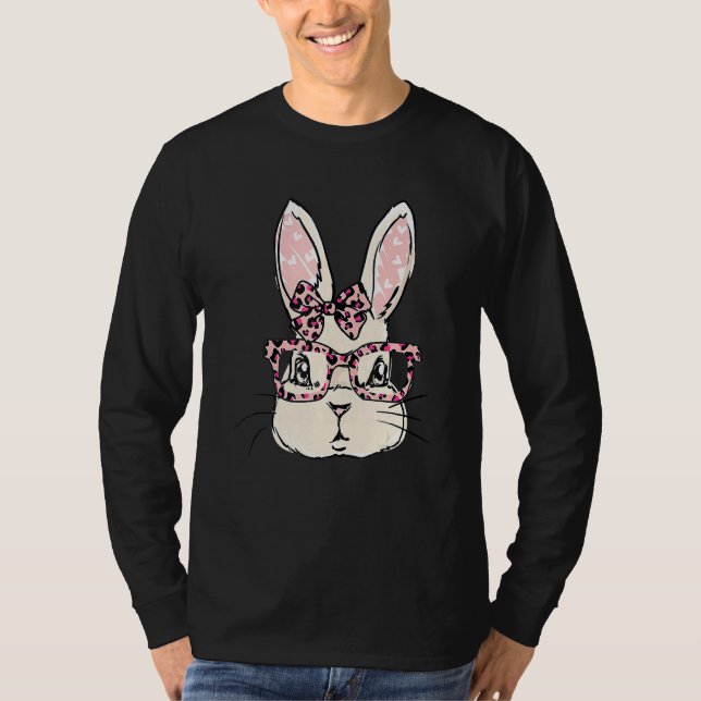 T-shirt Cute Bunny Face Pink Leopard lunettes Bow Cravate  (Devant)